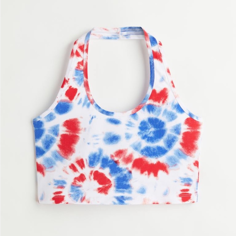 H&M tie-dye, red, white and blue halter crop top. Size XXS